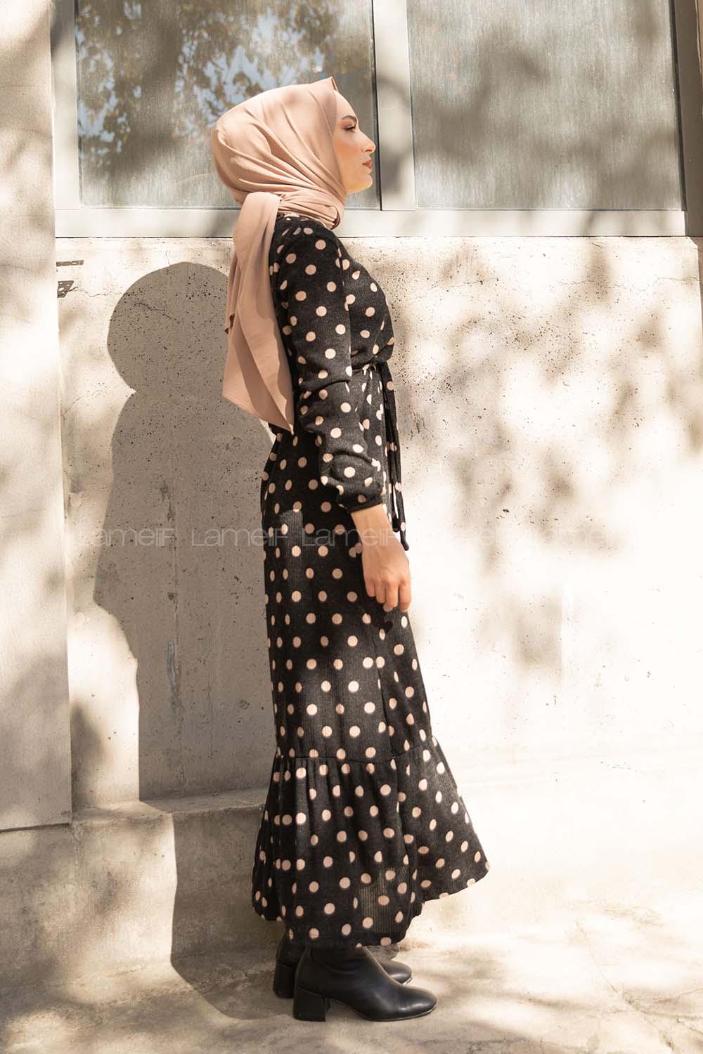 Modalamelif Bisiklet Yaka Kuşaklı Puantiye Elbise Siyah