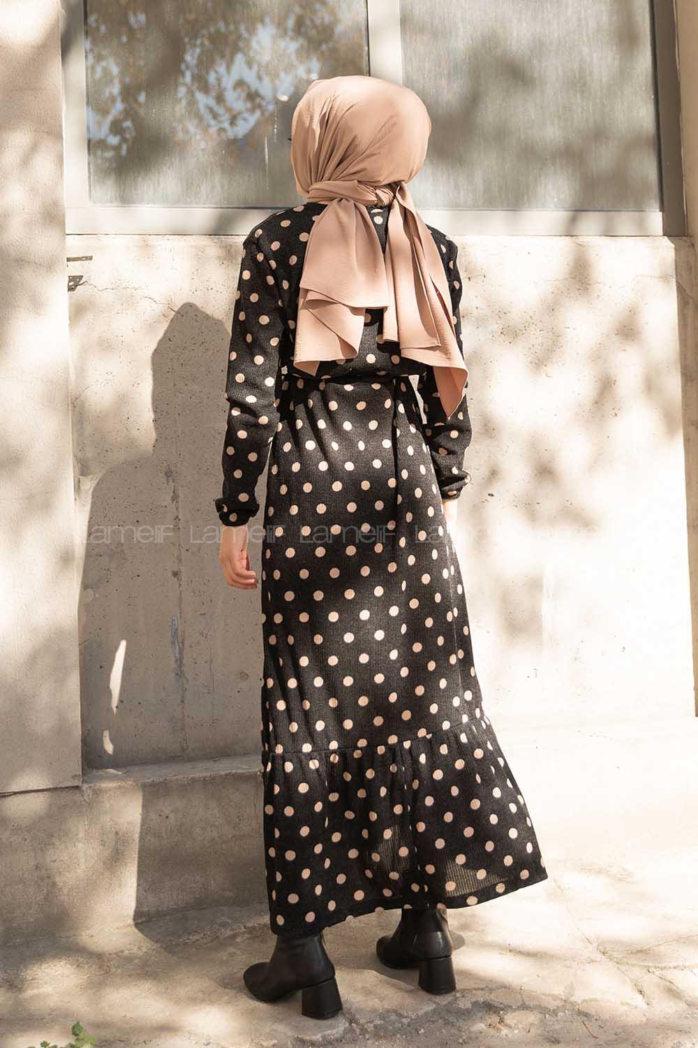 Modalamelif Bisiklet Yaka Kuşaklı Puantiye Elbise Siyah