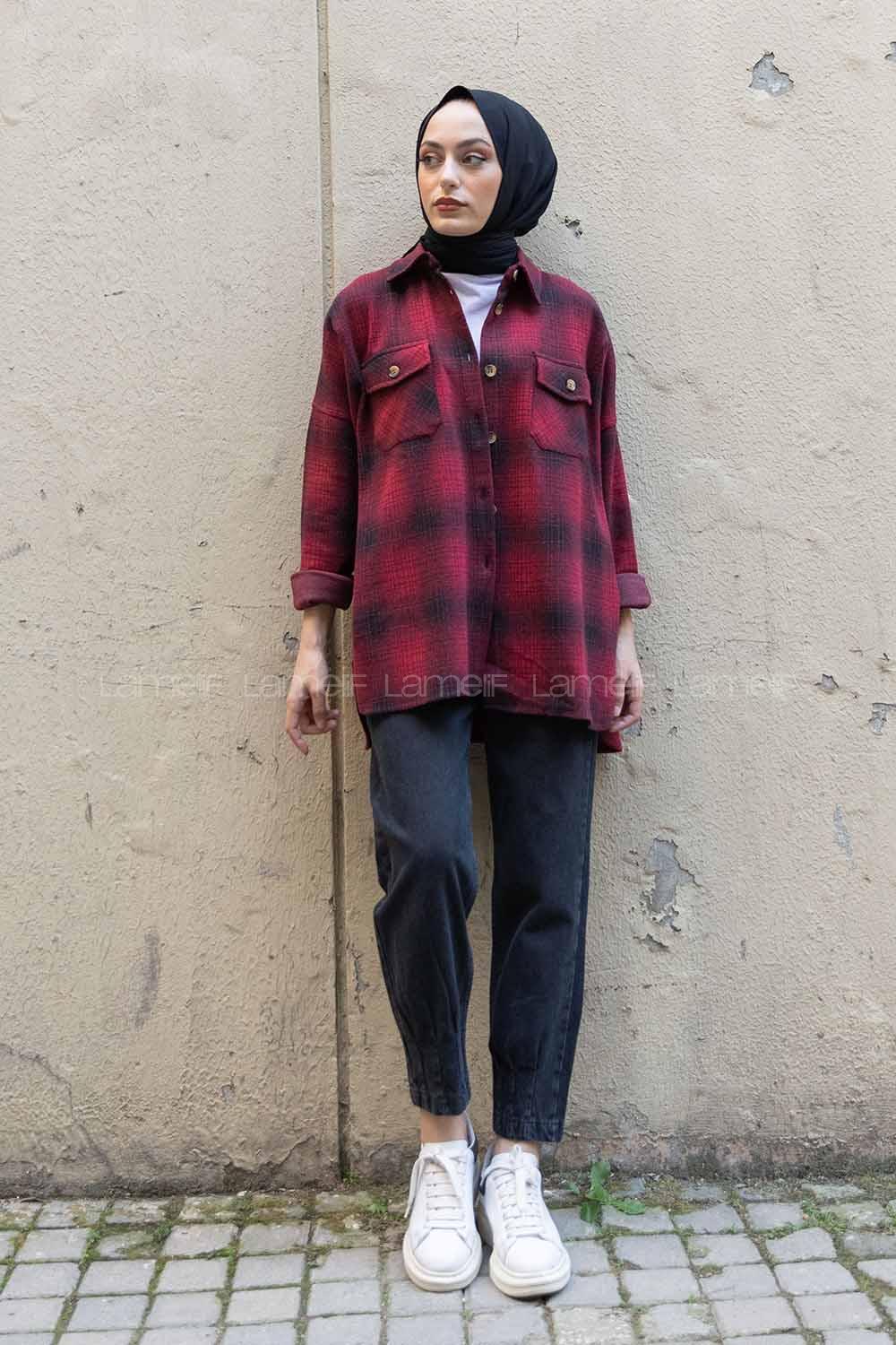 Modalamelif Çift Cepli Ekose Gömlek Bordo