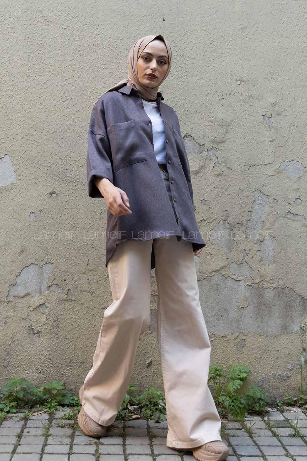 Modalamelif Düşük Kol Oversize Gömlek Antrasit