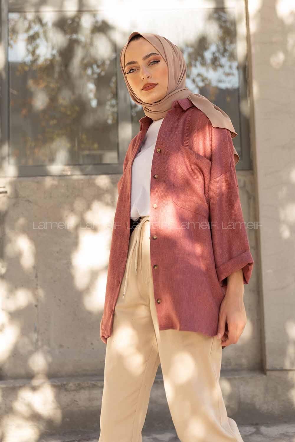 Modalamelif Düşük Kol Oversize Gömlek Gül Kurusu