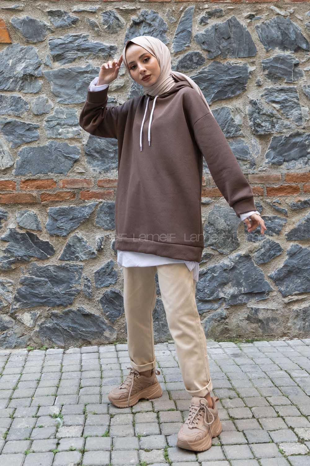 Modalamelif Etek Ucu Garnili Salaş Tunik Kahve