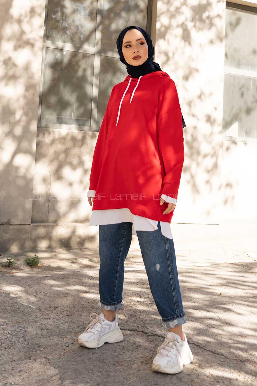 Modalamelif Etek Ucu Garnili Salaş Tunik Kırmızı