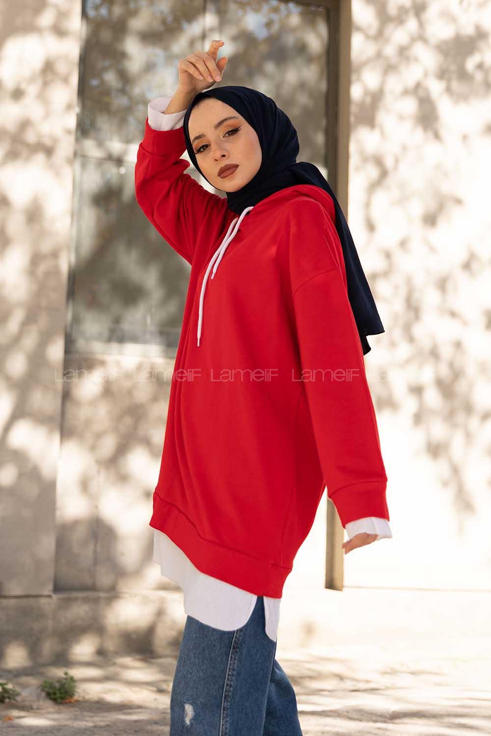 Modalamelif Etek Ucu Garnili Salaş Tunik Kırmızı