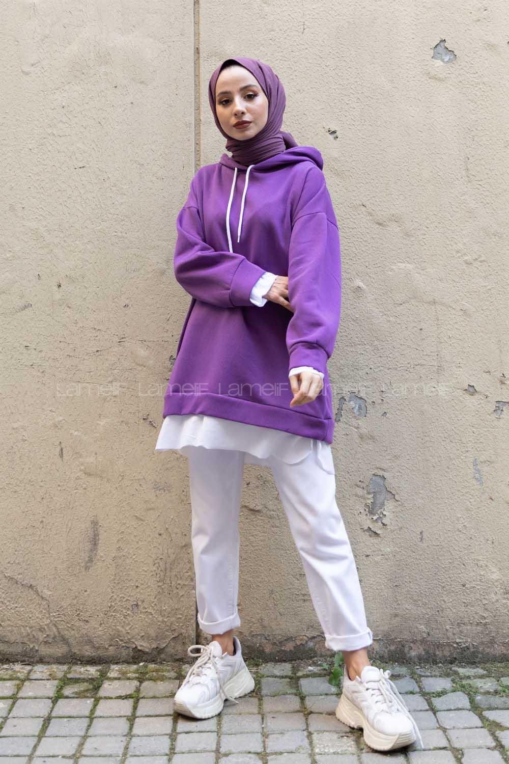 Modalamelif Etek Ucu Garnili Salaş Tunik Mor