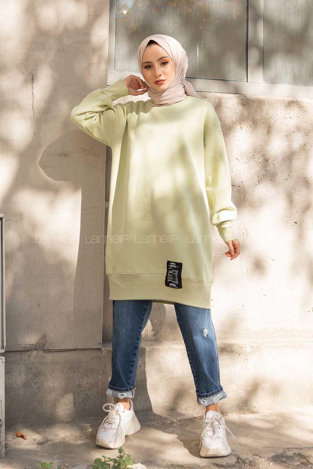 Modalamelif Etek Ucu Renkli Etiketli Tunik Çağla Yeşili