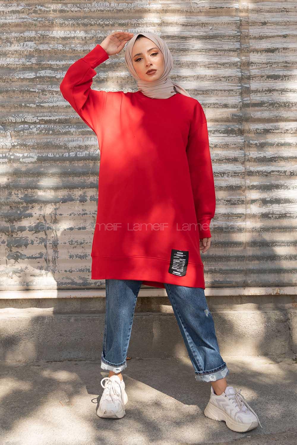 Modalamelif Etek Ucu Renkli Etiketli Tunik Kırmızı