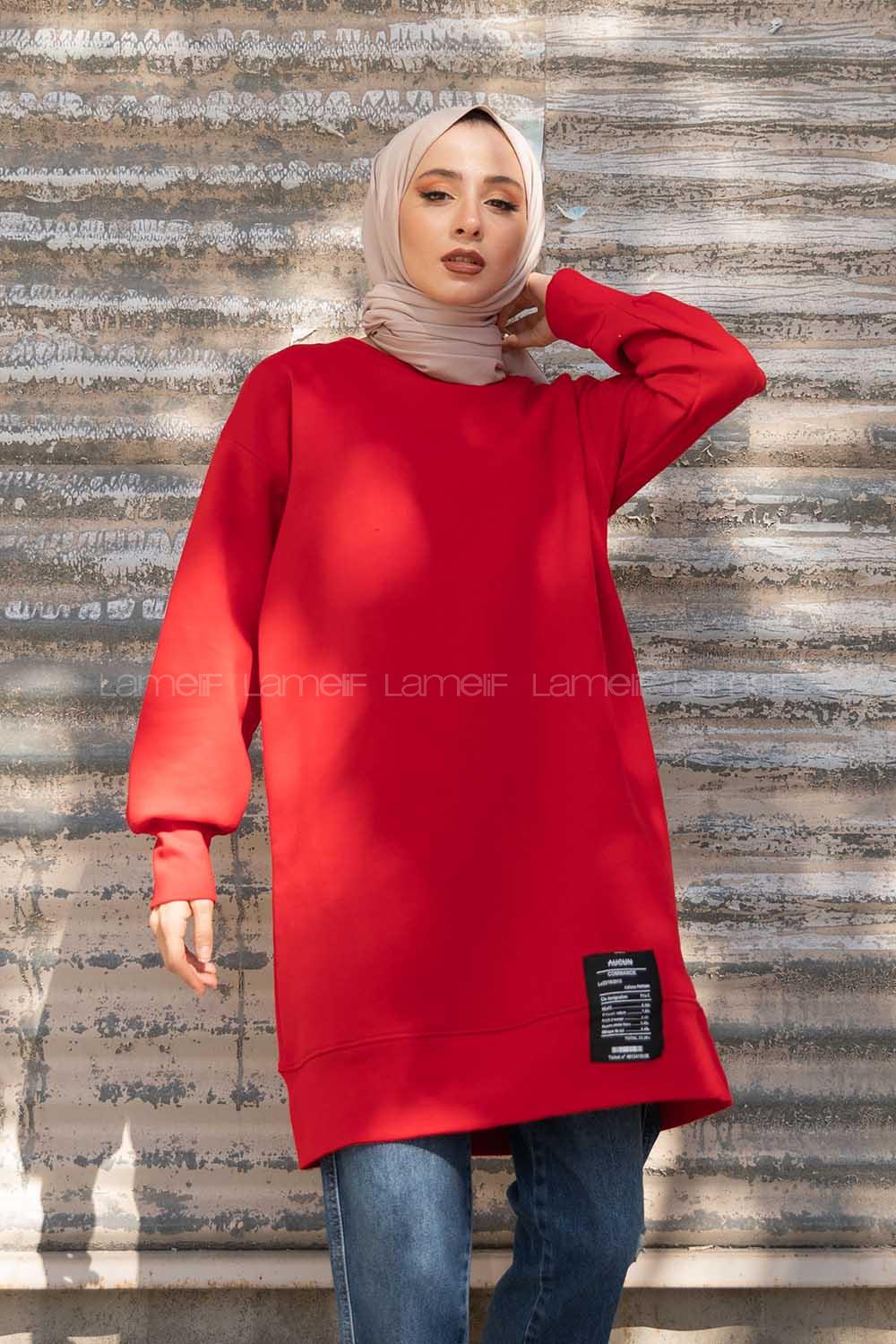 Modalamelif Etek Ucu Renkli Etiketli Tunik Kırmızı