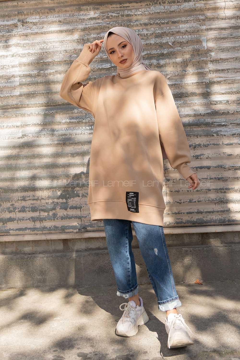 Modalamelif Etek Ucu Renkli Etiketli Tunik Sütlü Kahve