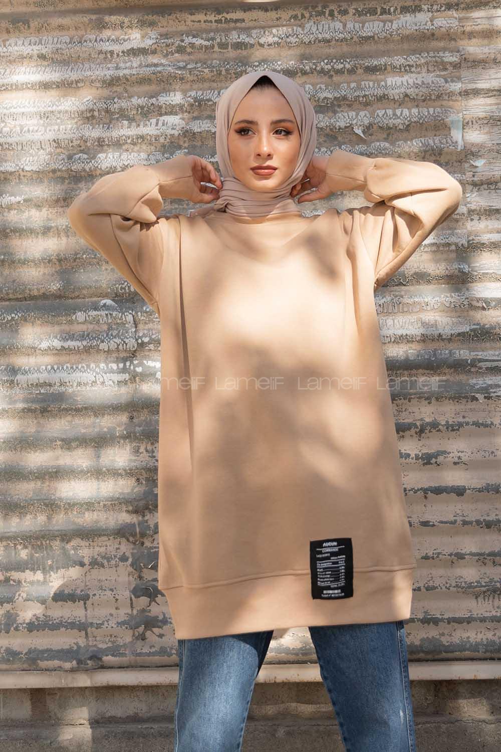 Modalamelif Etek Ucu Renkli Etiketli Tunik Sütlü Kahve