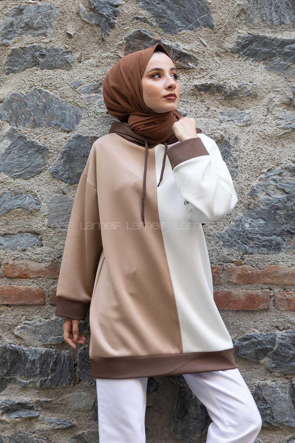 Modalamelif Kapşonlu Garnili Scuba Sweatshirt Soft Kahve