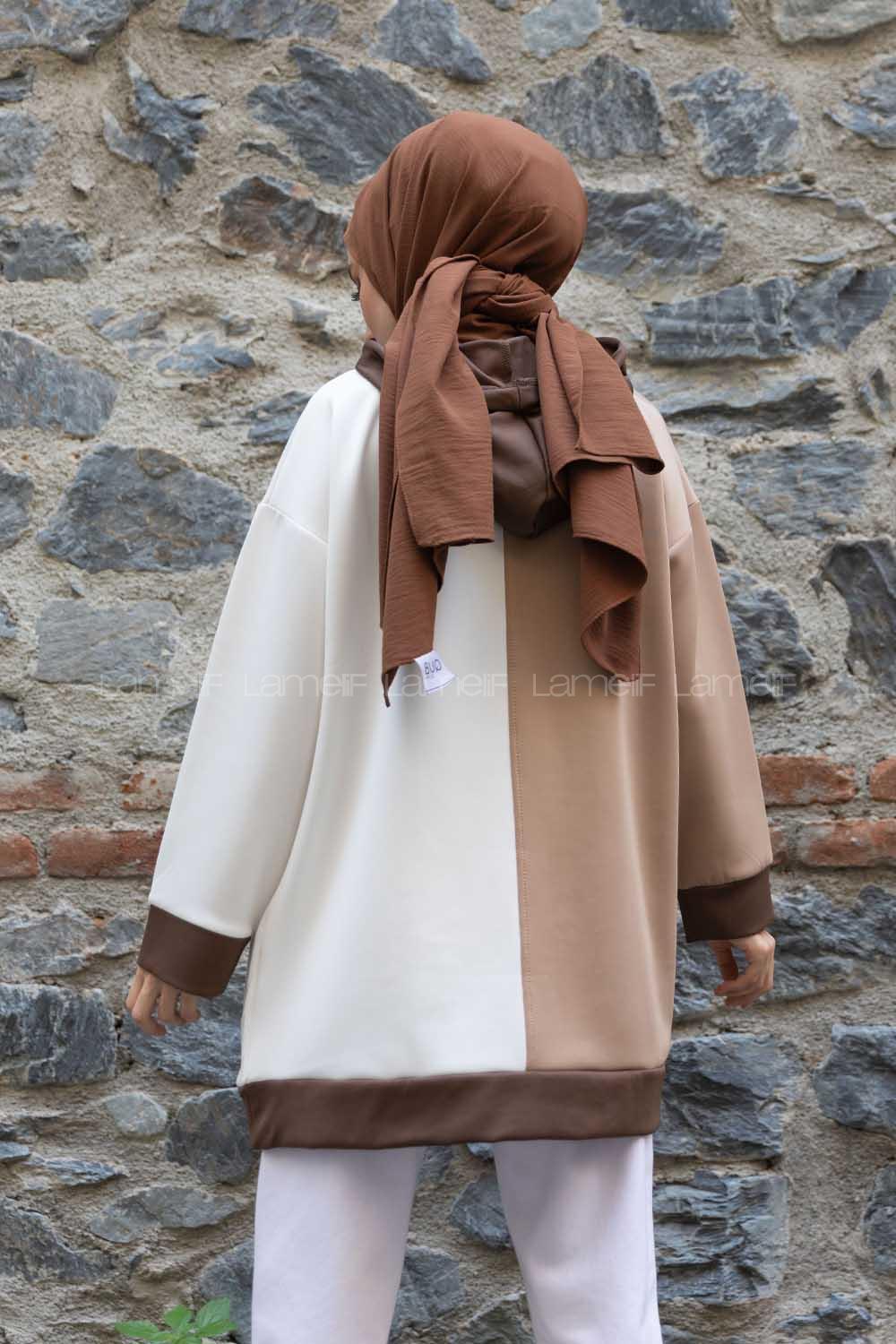 Modalamelif Kapşonlu Garnili Scuba Sweatshirt Soft Kahve