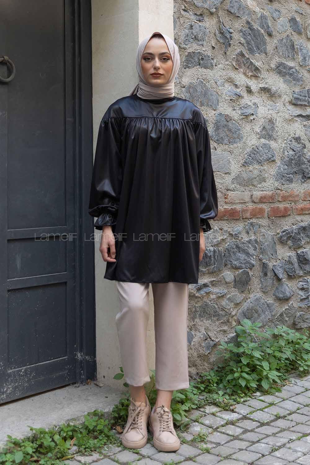 Modalamelif Kol Lastikli Deri Görünüm Tunik Siyah
