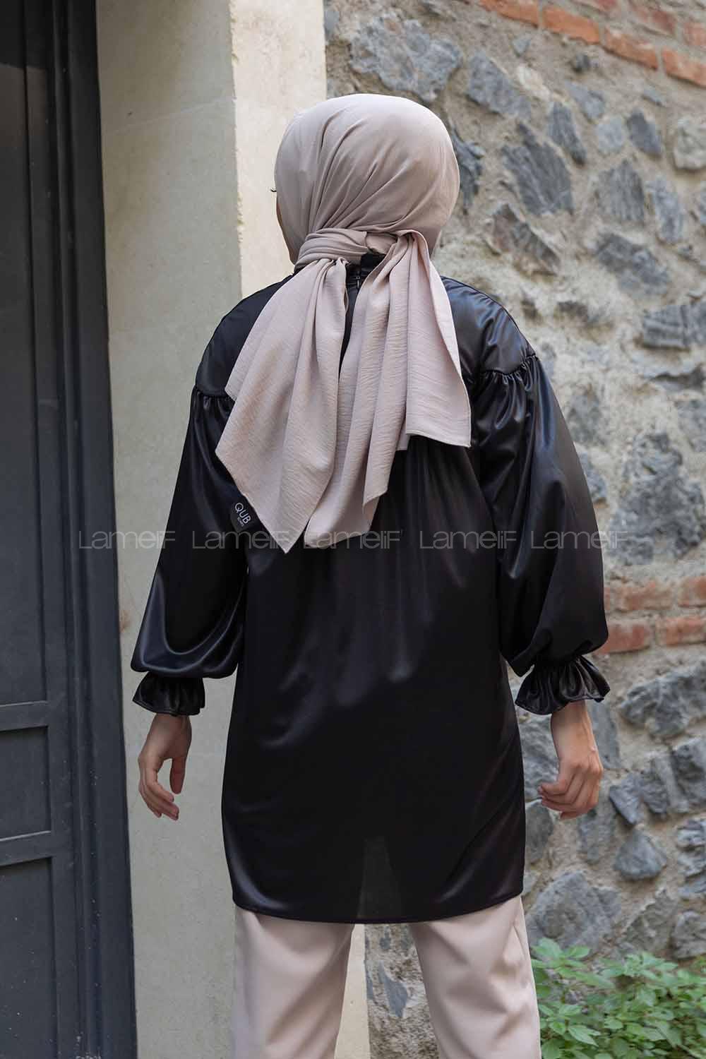 Modalamelif Kol Lastikli Deri Görünüm Tunik Siyah