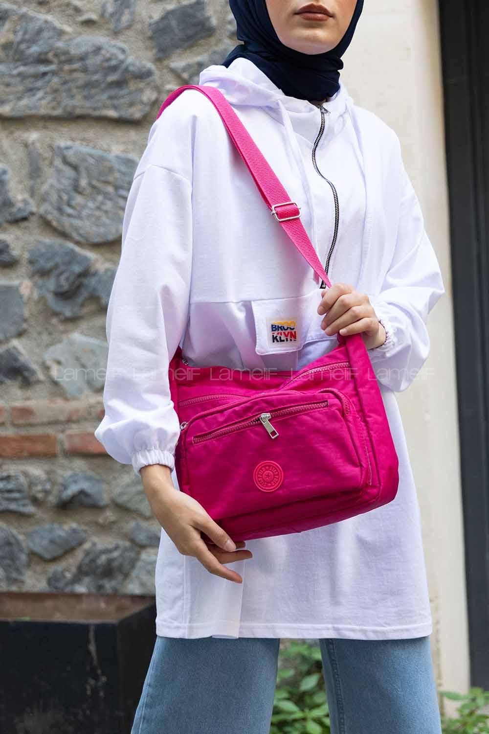 Modalamelif  Krinkıl Kumaş Çapraz Çanta Fuşya