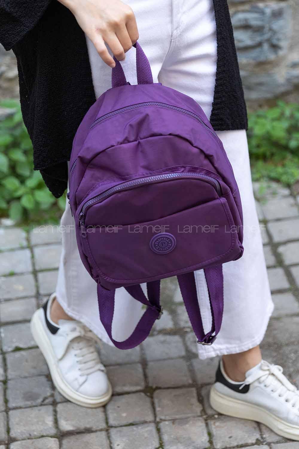Modalamelif Krinkıl Kumaş Üç Bölmeli Sırt Çantası Mor