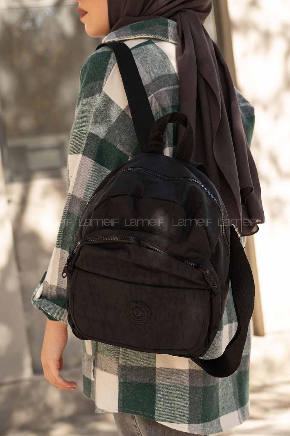 Modalamelif Krinkıl Kumaş Üç Bölmeli Sırt Çantası Siyah