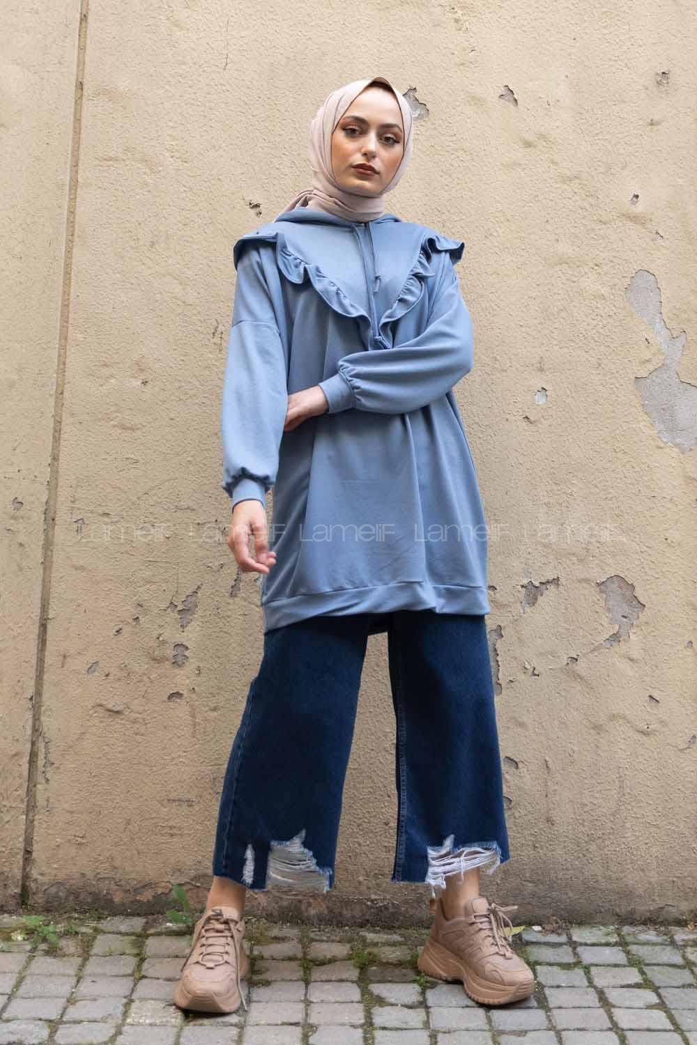 Modalamelif Önü Fırfırlı Kapşonlu Tunik Açık Mavi