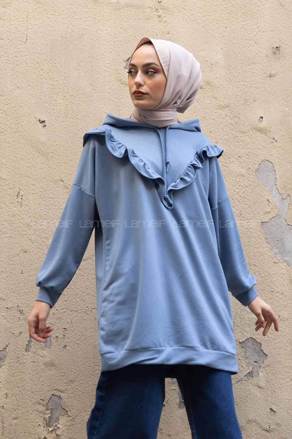 Modalamelif Önü Fırfırlı Kapşonlu Tunik Açık Mavi