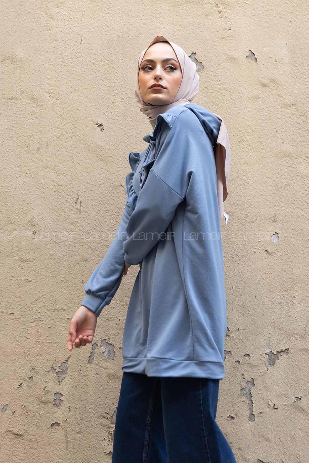 Modalamelif Önü Fırfırlı Kapşonlu Tunik Açık Mavi