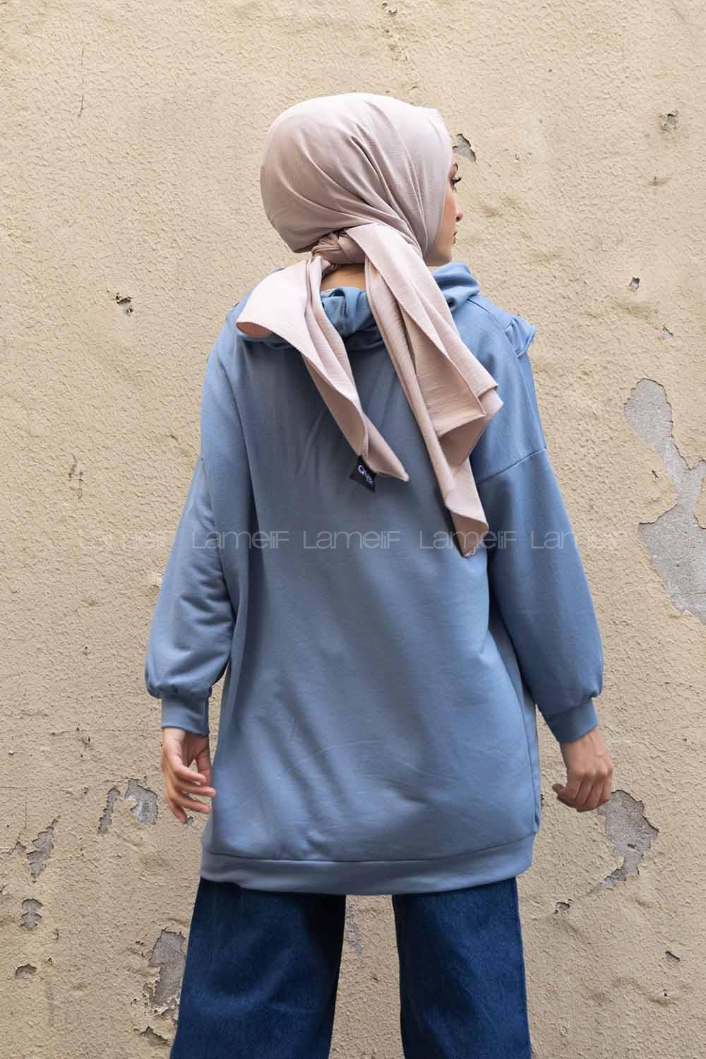 Modalamelif Önü Fırfırlı Kapşonlu Tunik Açık Mavi