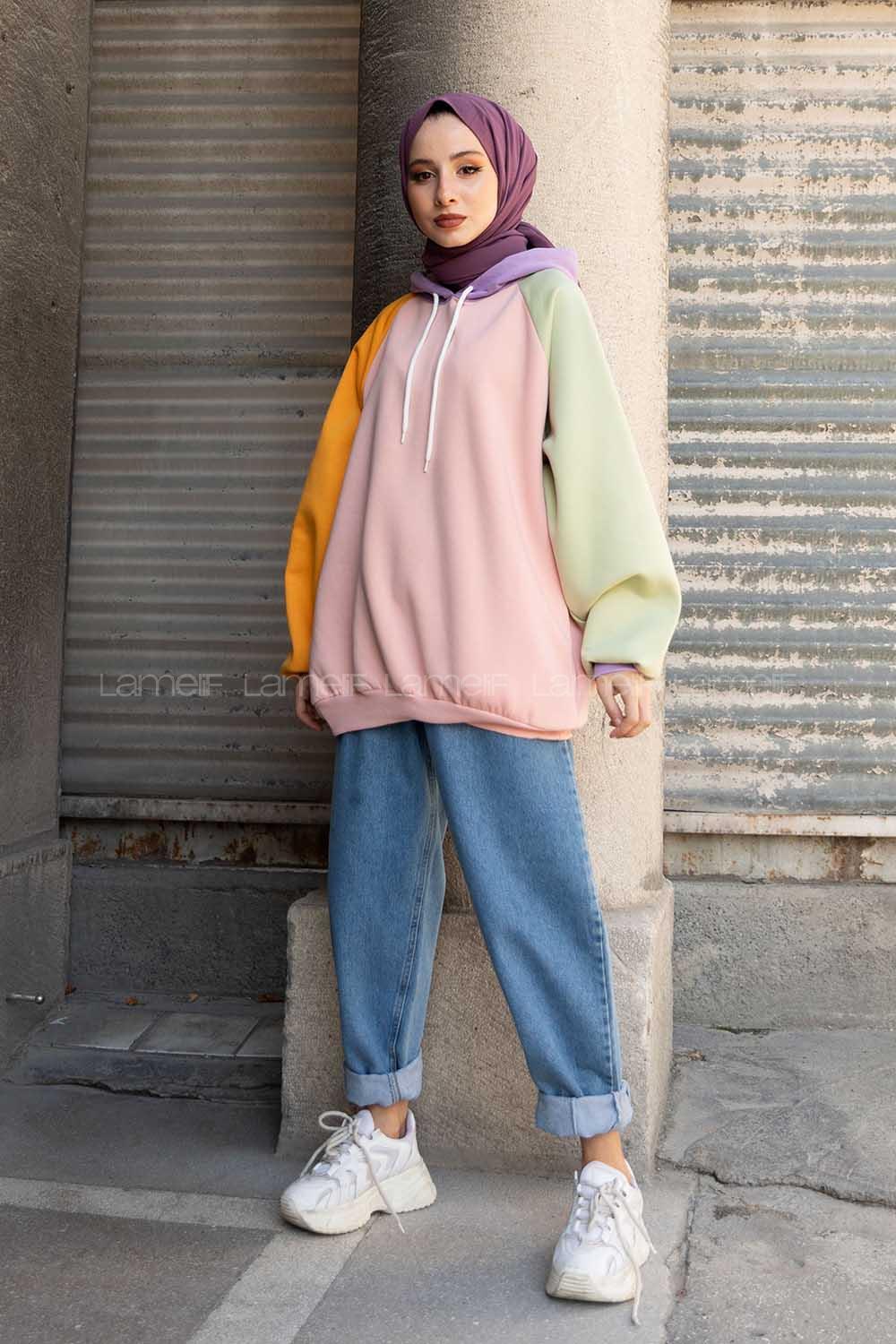 Modalamelif Renkli Reglan Kol Sweatshirt Pudra Hardal