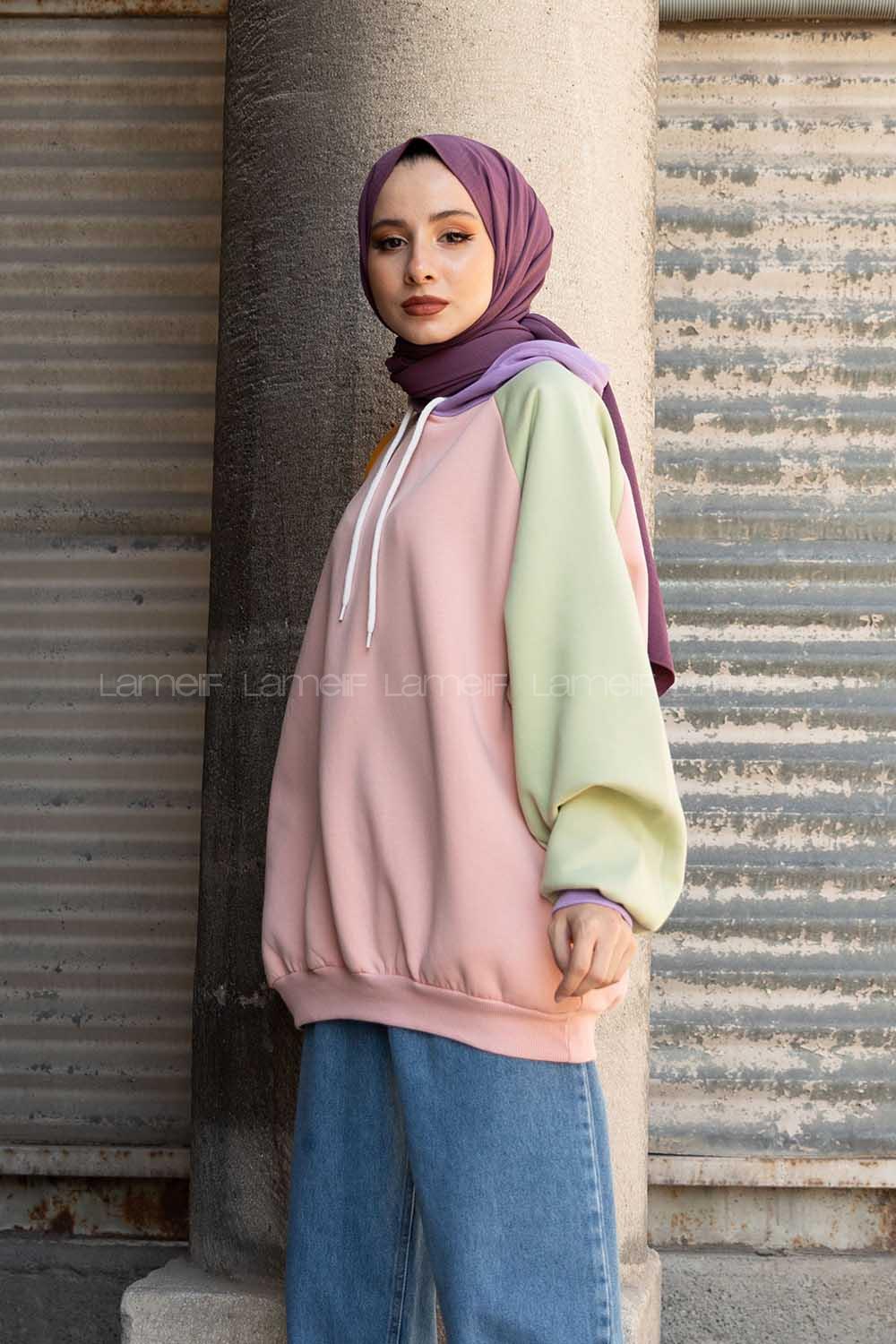 Modalamelif Renkli Reglan Kol Sweatshirt Pudra Hardal