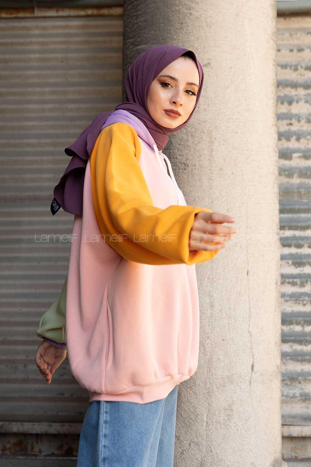 Modalamelif Renkli Reglan Kol Sweatshirt Pudra Hardal