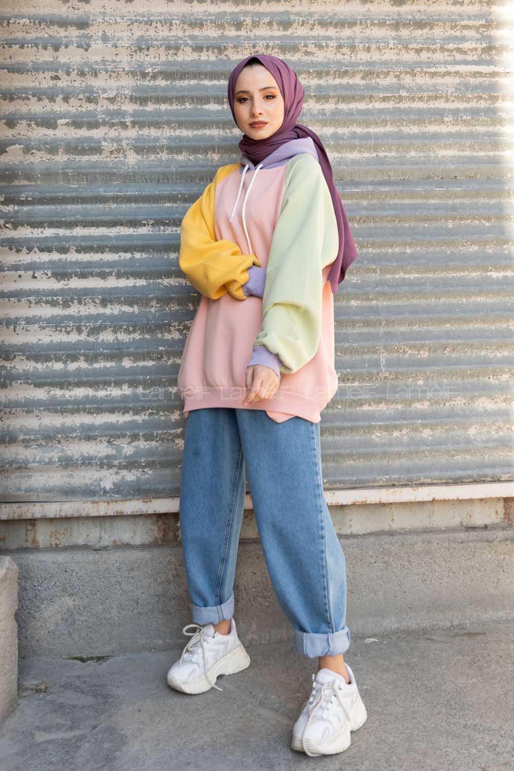 Modalamelif Renkli Reglan Kol Sweatshirt Pudra Sarı