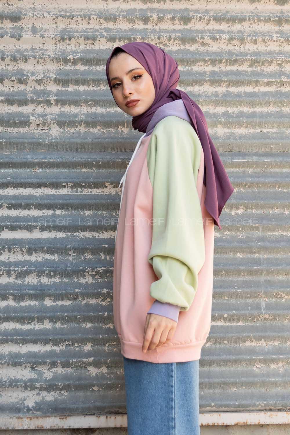 Modalamelif Renkli Reglan Kol Sweatshirt Pudra Sarı