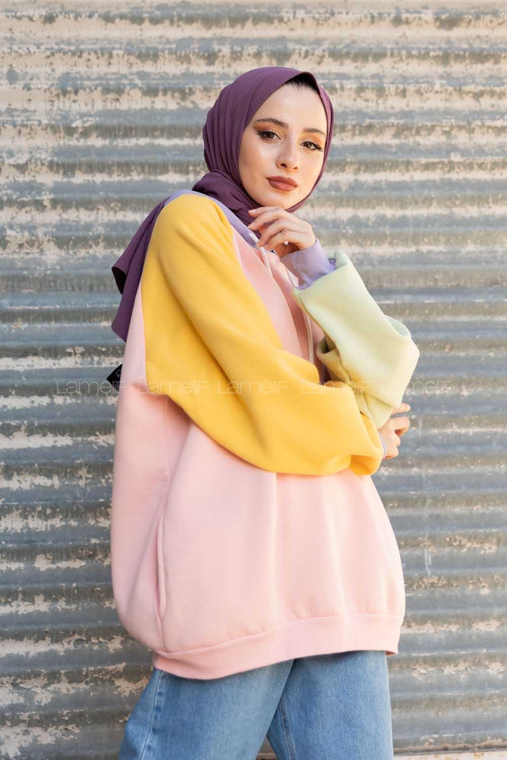 Modalamelif Renkli Reglan Kol Sweatshirt Pudra Sarı