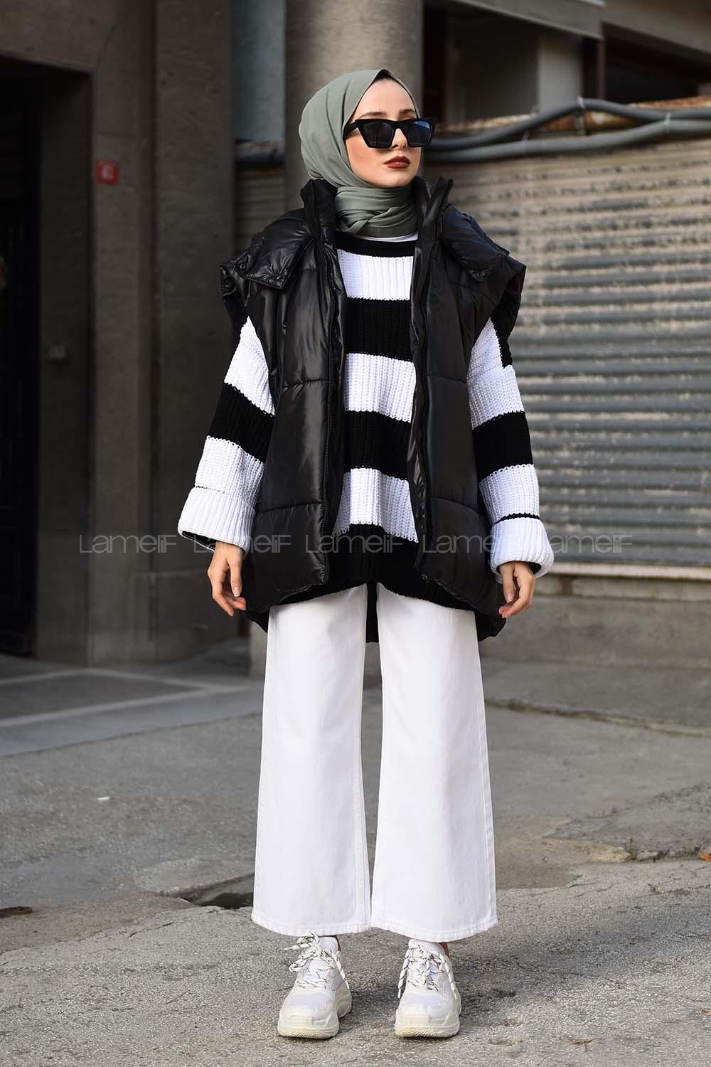 Modalamelif Çizgili Düşük Kol Triko Kazak Siyah