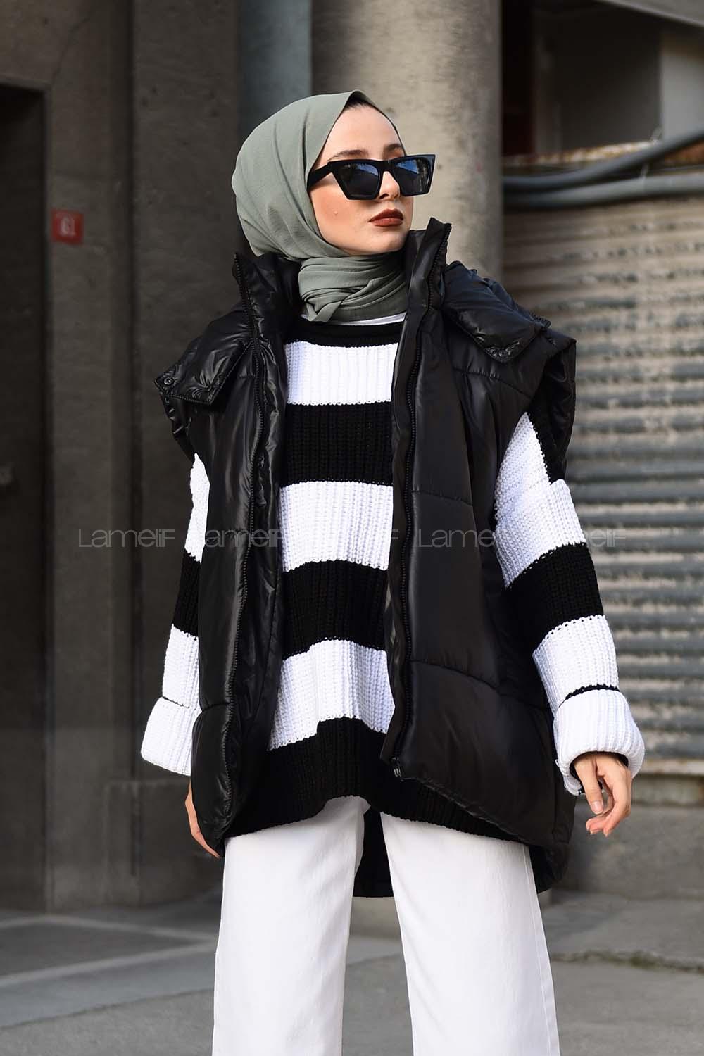 Modalamelif Çizgili Düşük Kol Triko Kazak Siyah