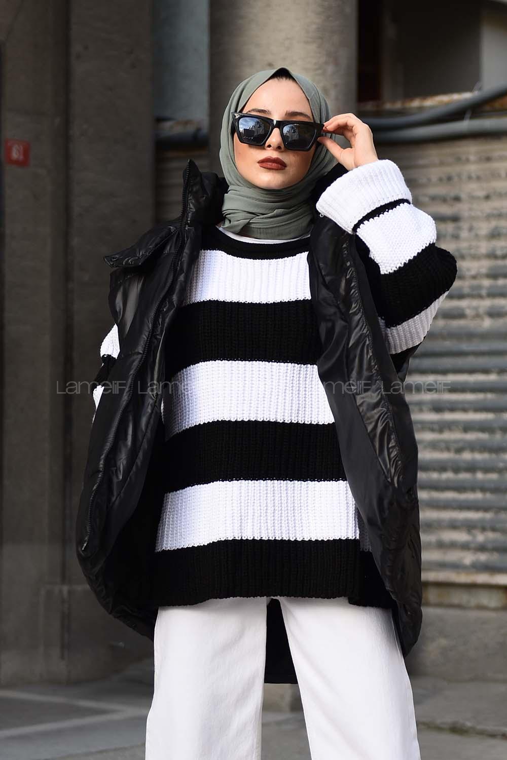 Modalamelif Çizgili Düşük Kol Triko Kazak Siyah