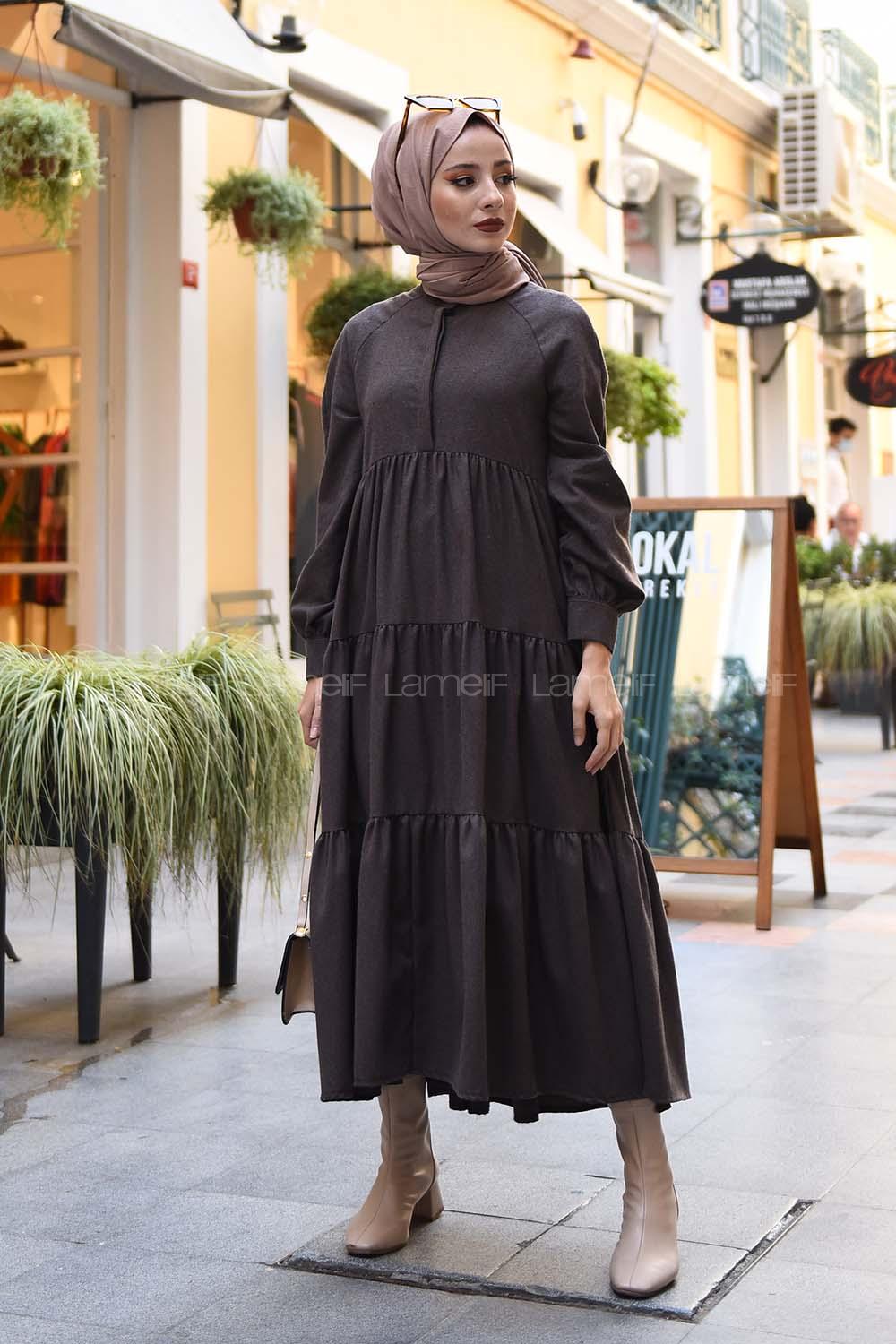 Modalamelif Hakim Yaka Önü Yarım Düğmeli Elbise Acı Kahve