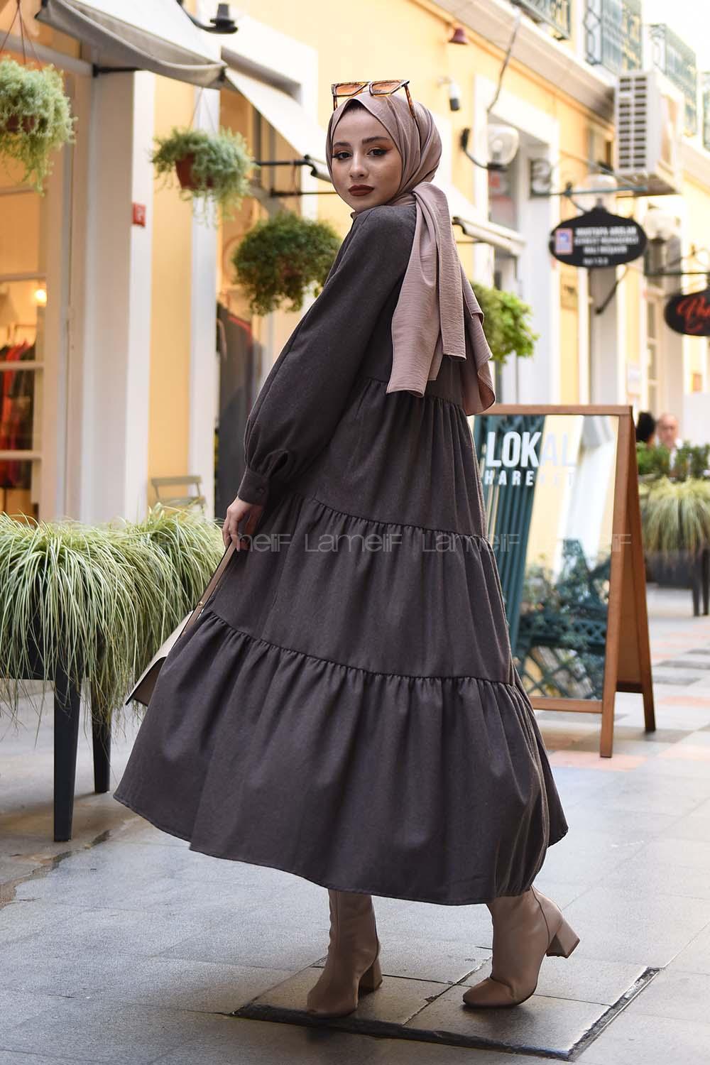 Modalamelif Hakim Yaka Önü Yarım Düğmeli Elbise Acı Kahve