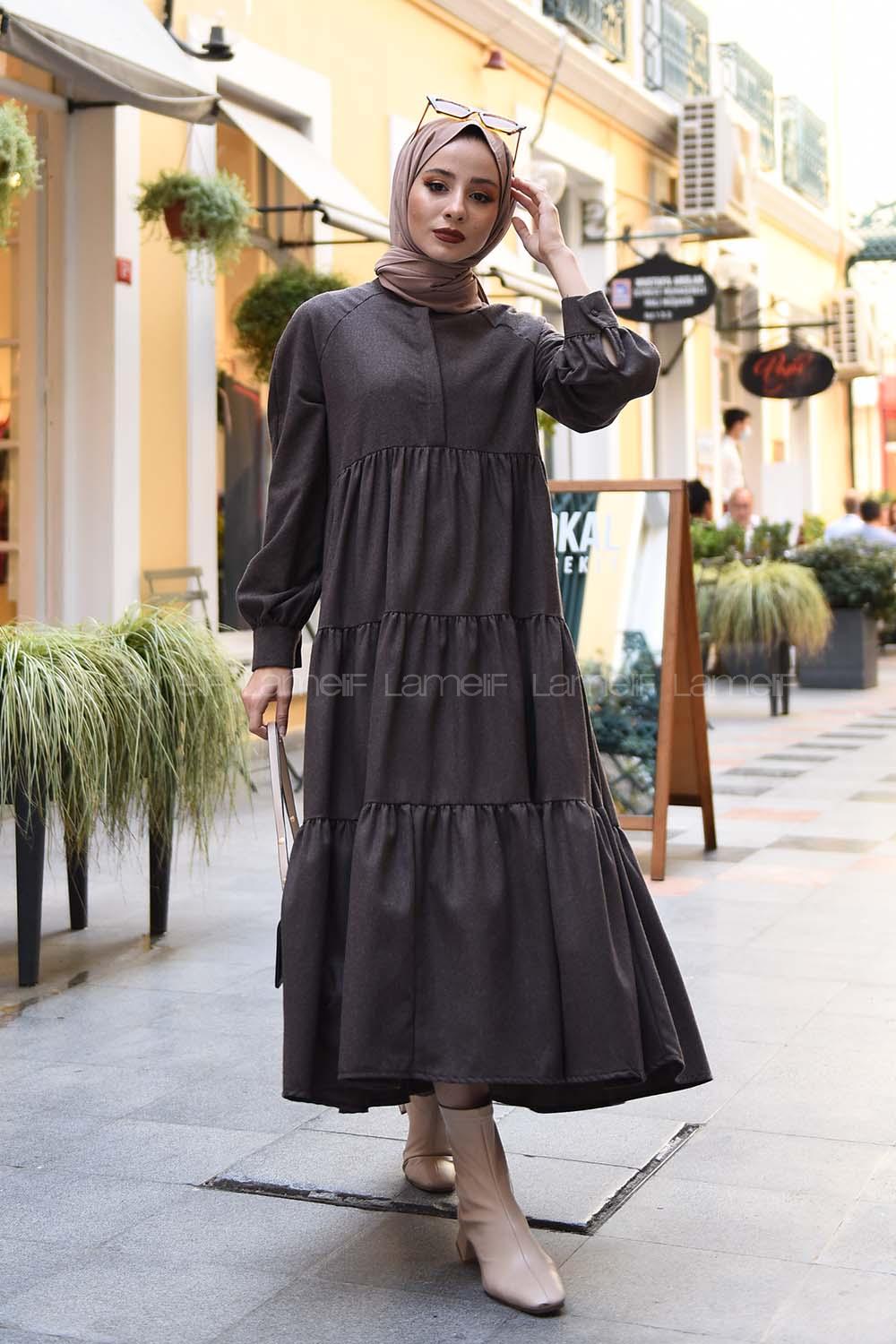 Modalamelif Hakim Yaka Önü Yarım Düğmeli Elbise Acı Kahve