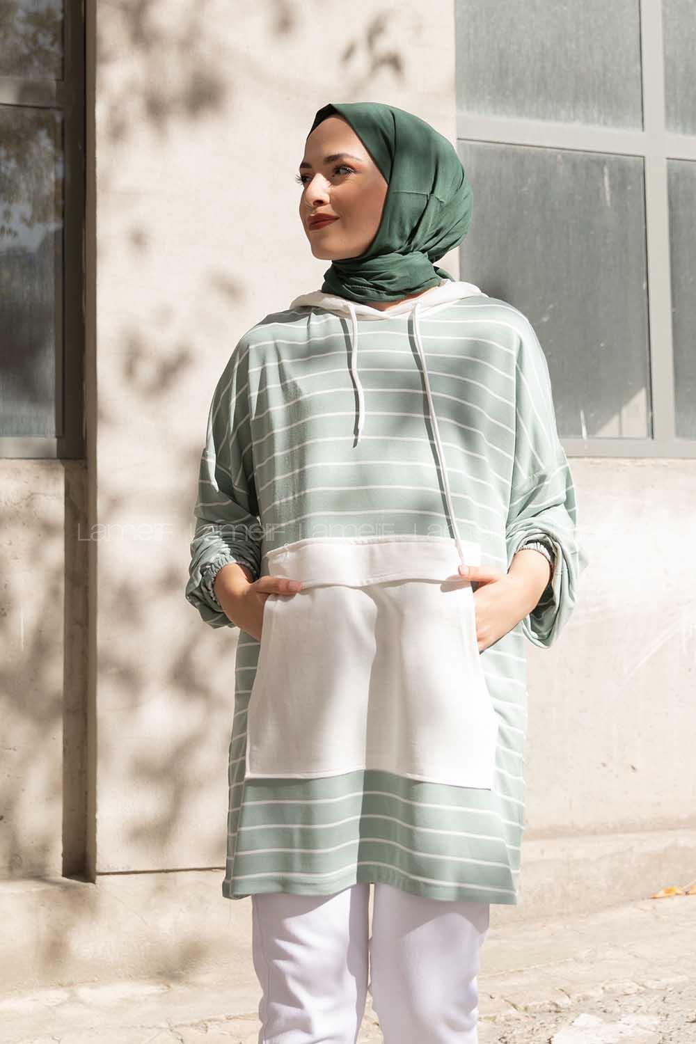 Modalamelif Kapak Cepli Çizgili Tunik Çağla