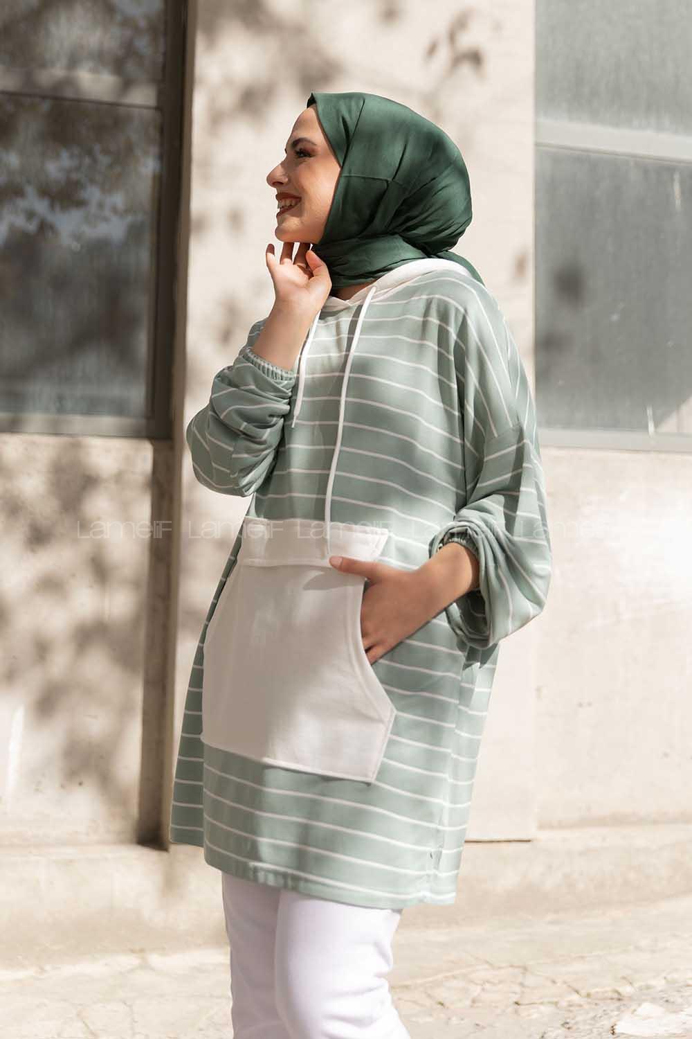 Modalamelif Kapak Cepli Çizgili Tunik Çağla