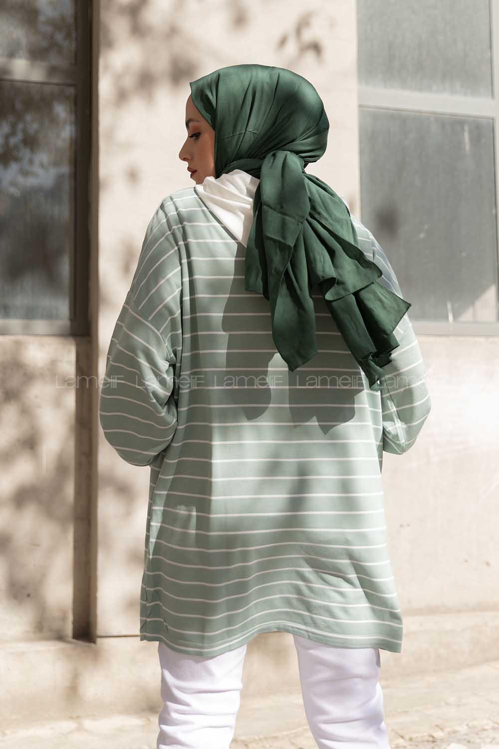 Modalamelif Kapak Cepli Çizgili Tunik Çağla