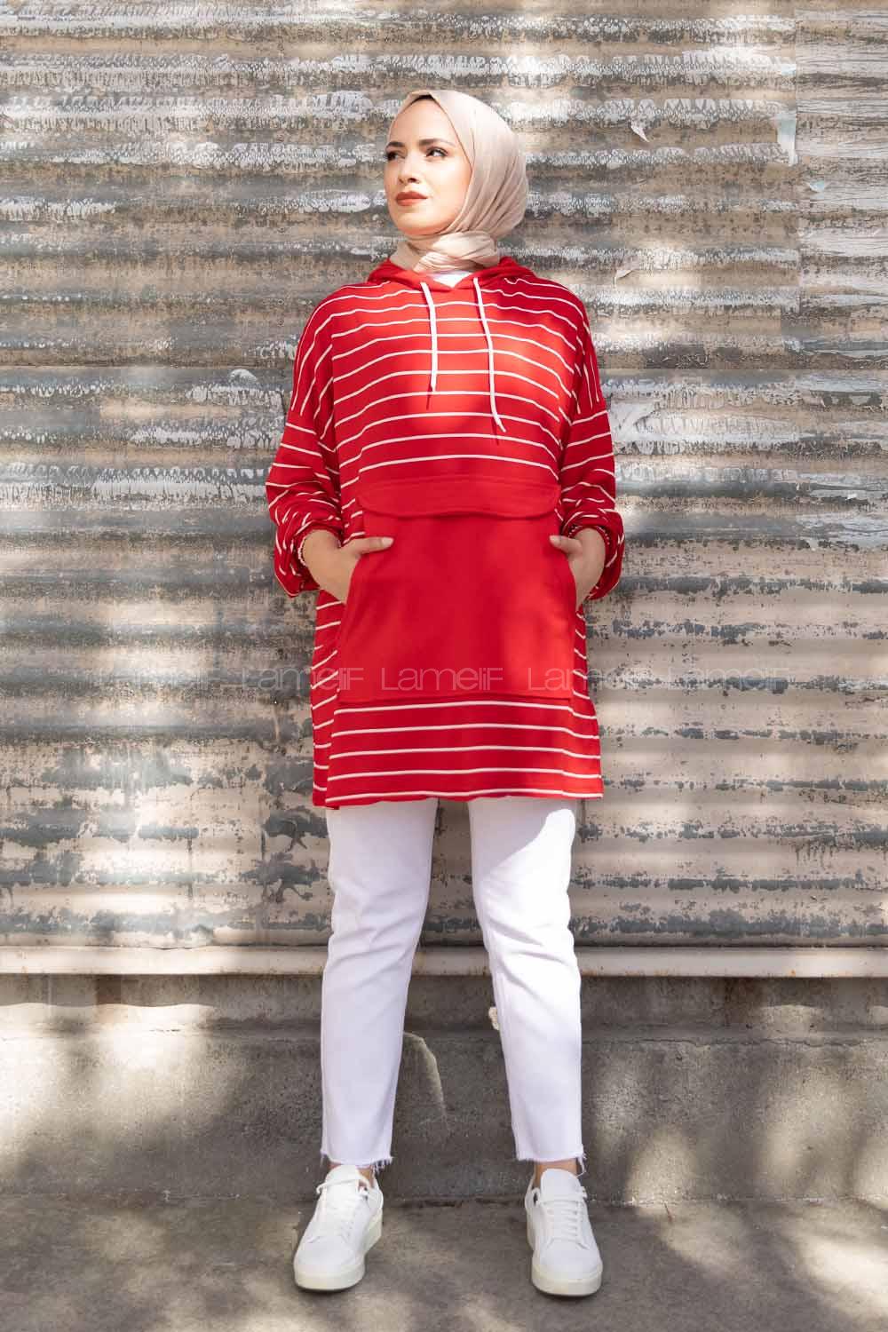 Modalamelif Kapak Cepli Çizgili Tunik Kırmızı