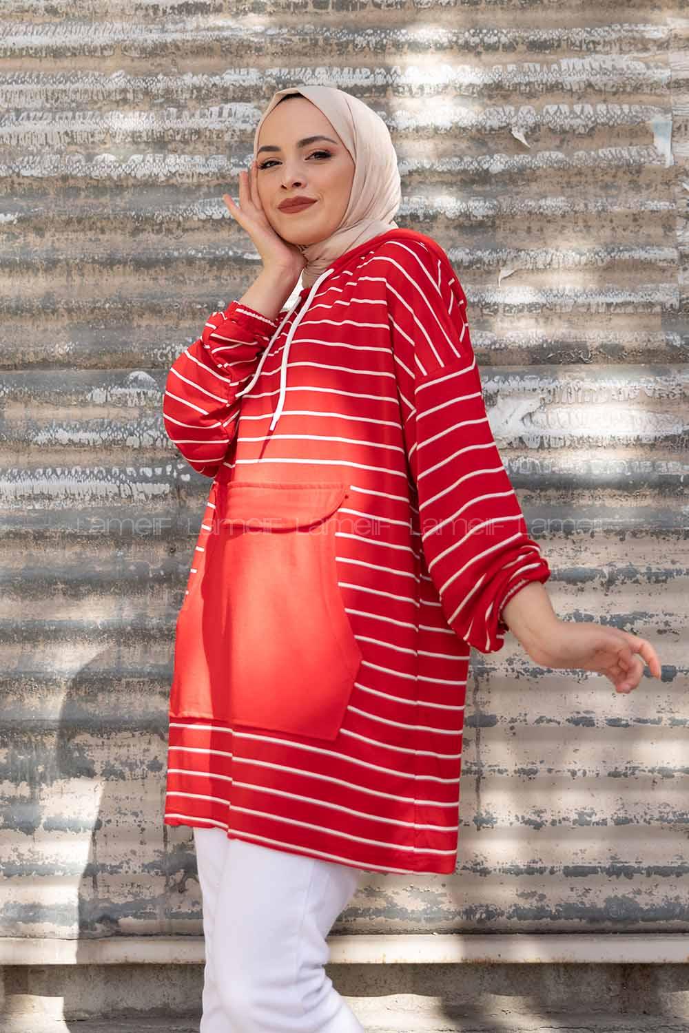Modalamelif Kapak Cepli Çizgili Tunik Kırmızı