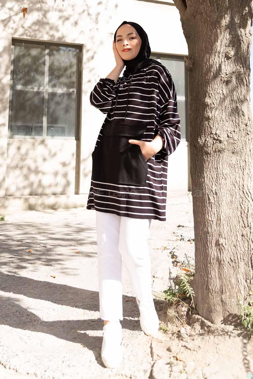 Modalamelif Kapak Cepli Çizgili Tunik Siyah