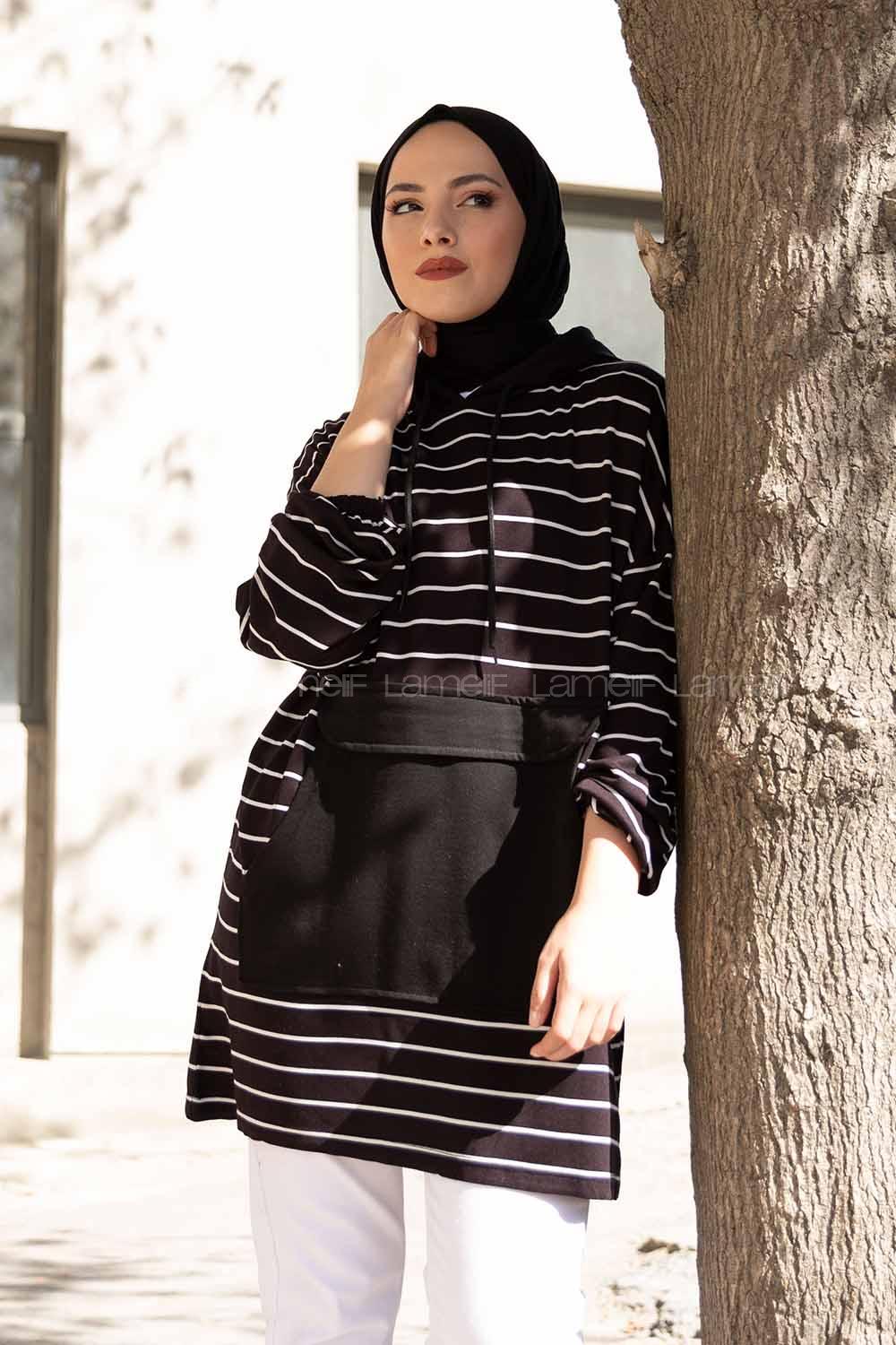 Modalamelif Kapak Cepli Çizgili Tunik Siyah