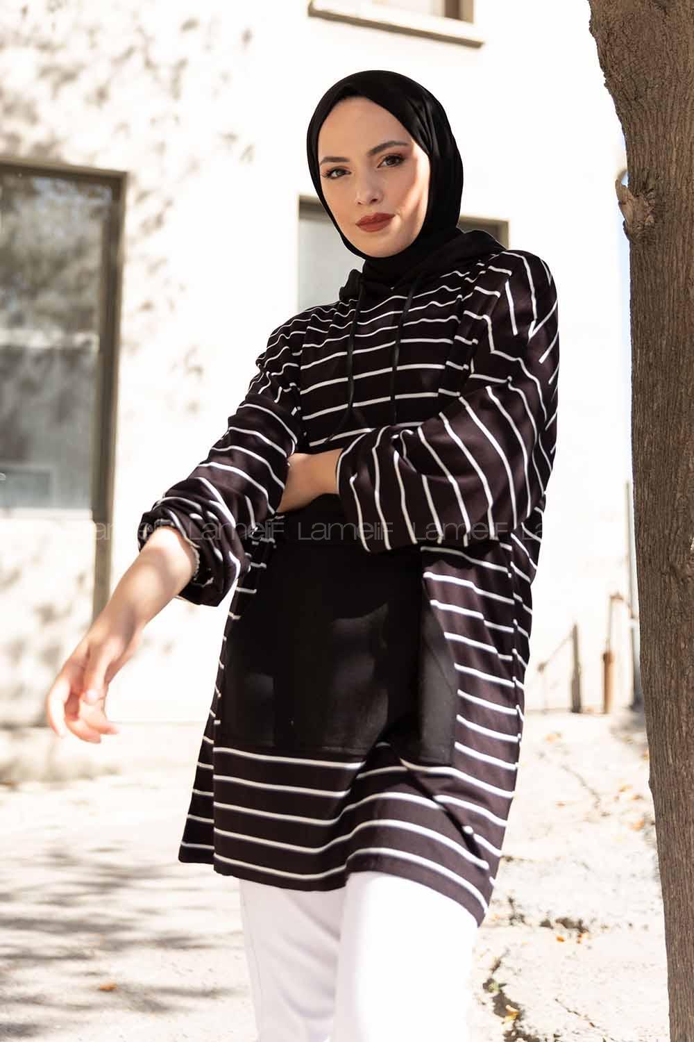 Modalamelif Kapak Cepli Çizgili Tunik Siyah