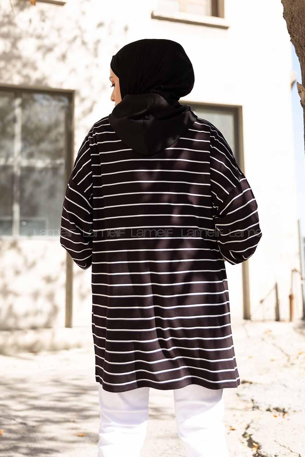 Modalamelif Kapak Cepli Çizgili Tunik Siyah