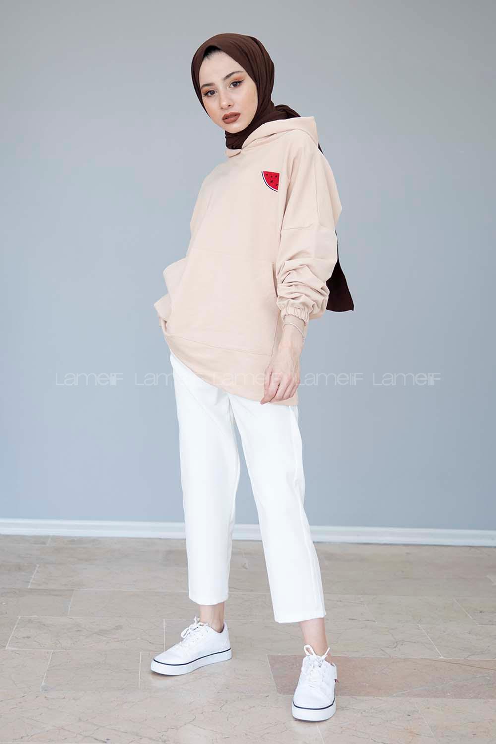 Modalamelif Kapşonlu Karpuz Nakışlı Sweatshirt Sütlü Kahve