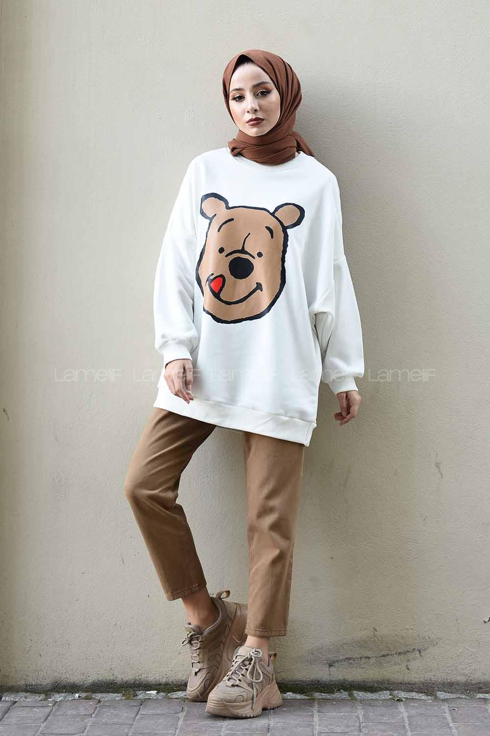 Modalamelif Önü Karikatür Baskılı Sweatshirt Beyaz