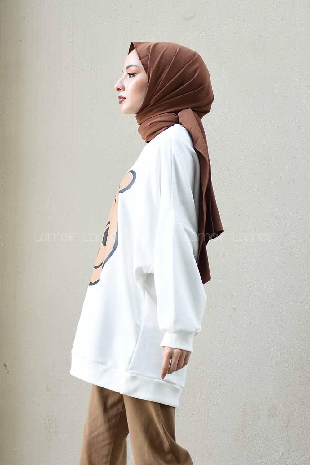 Modalamelif Önü Karikatür Baskılı Sweatshirt Beyaz