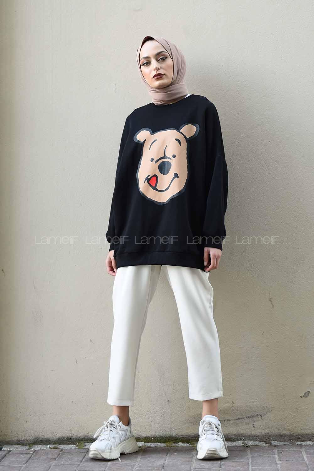 Modalamelif Önü Karikatür Baskılı Sweatshirt Siyah